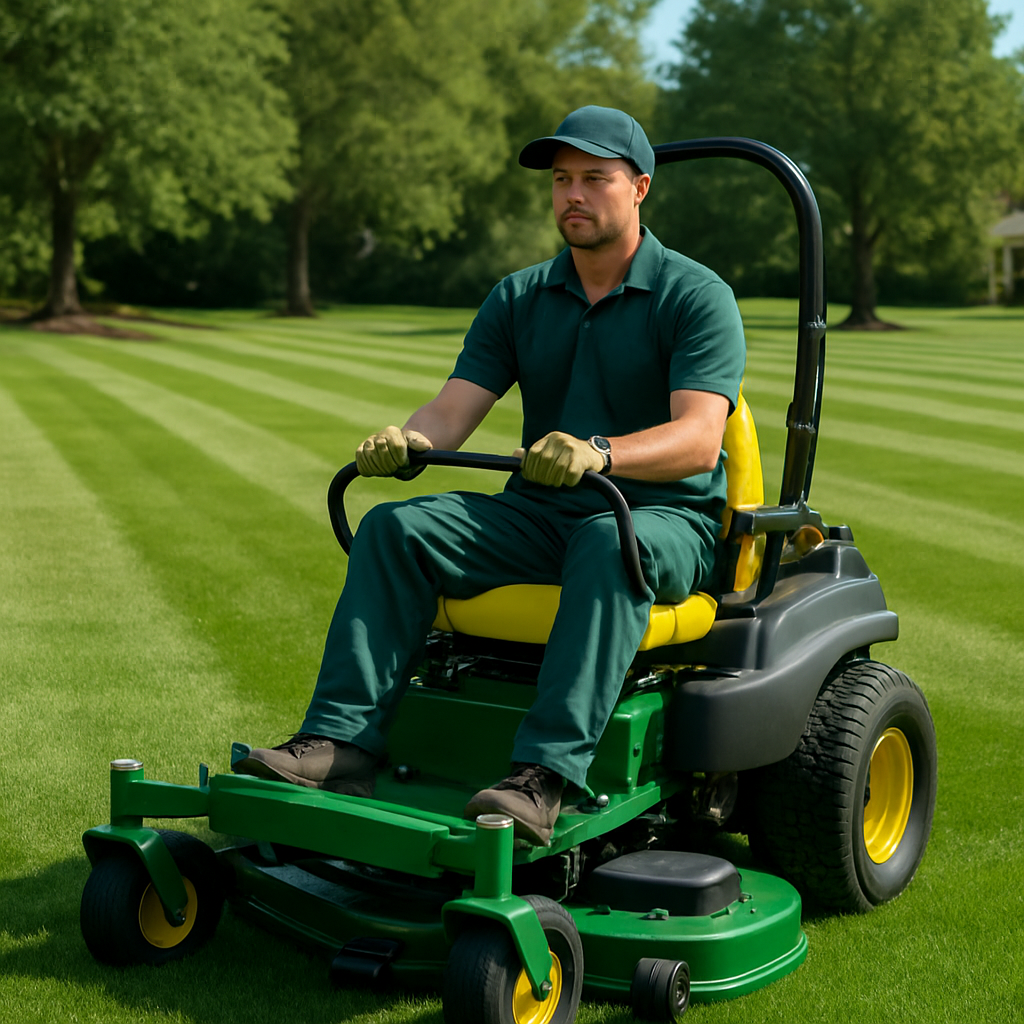 Prism crew member mowing a striped suburban lawn with commercial equipment