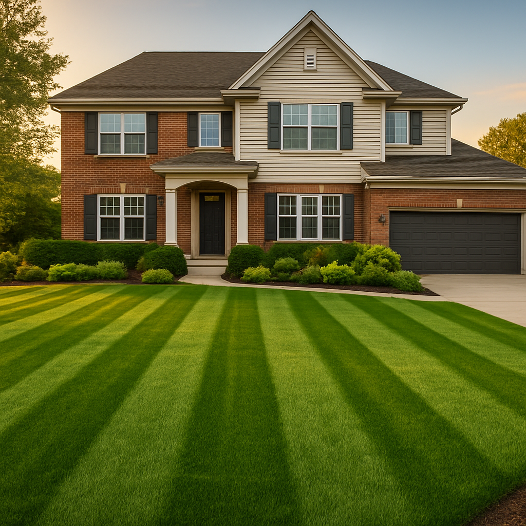 Freshly mowed striped lawn in front of an upscale Chicago suburban home